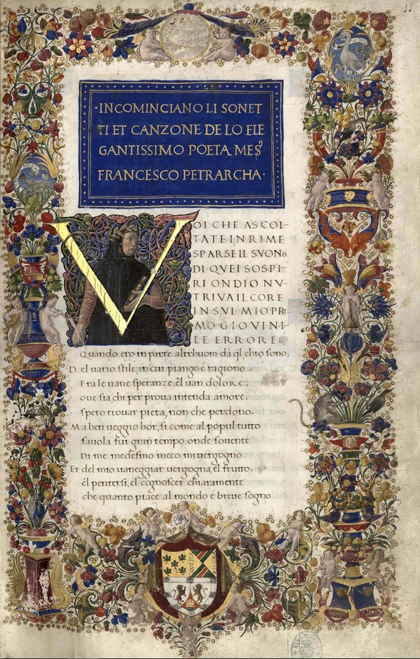 Manuscrito de escuela florentina (manu Matthaei domini Herculani de Vulterris) de las obras de Petrarca. Realizado para el primer duque de Urbino Federico III de Montefeltro (1444-1482). Biblioteca Nacional Española Vitr. 22/1   - http://bibliotecadigitalhispanica.bne.es/view/action/nmets.do?